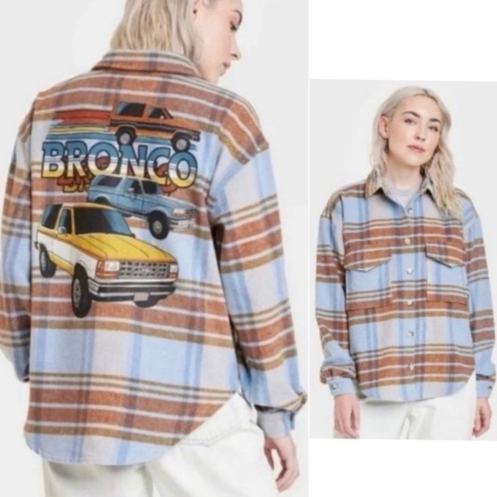Ford Bronco Graphic Plaid Flannel Shirt Blue Orange Brown Women's Size Large EUC